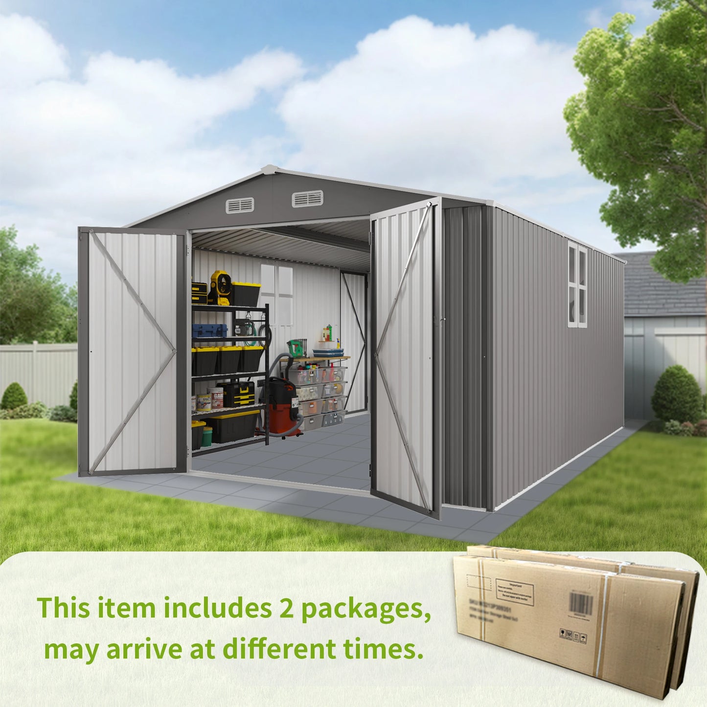10x14ft Outdoor Metal Storage Shed, Durable Garden Shed with 3 Lockable Doors & Window, All-Weather, Grey