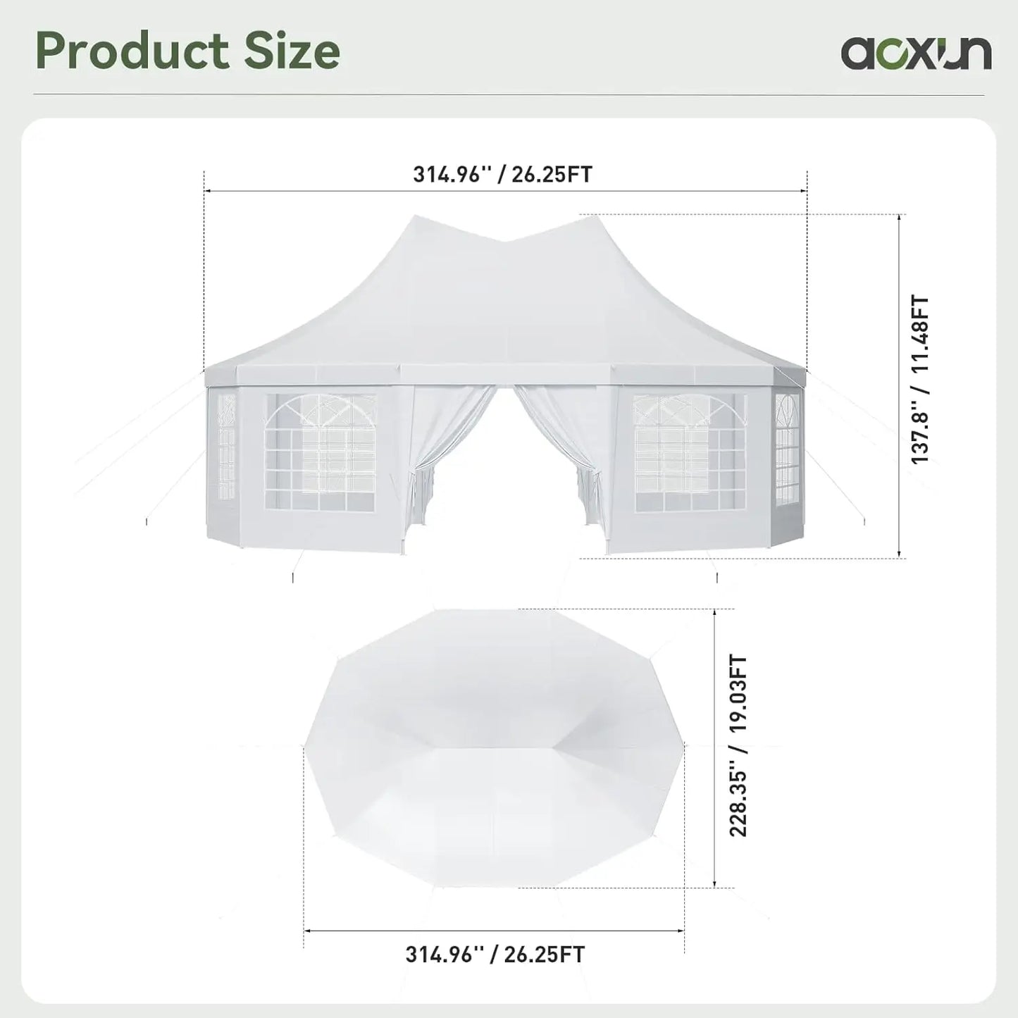 Aoxun 26x19ft Party Tent Canopy With 10 Hexagonal Heavy Duty Waterproof Event Awnings For Outdoor Weddings Business Terrace Parties Backyard Gatherings UV Protection