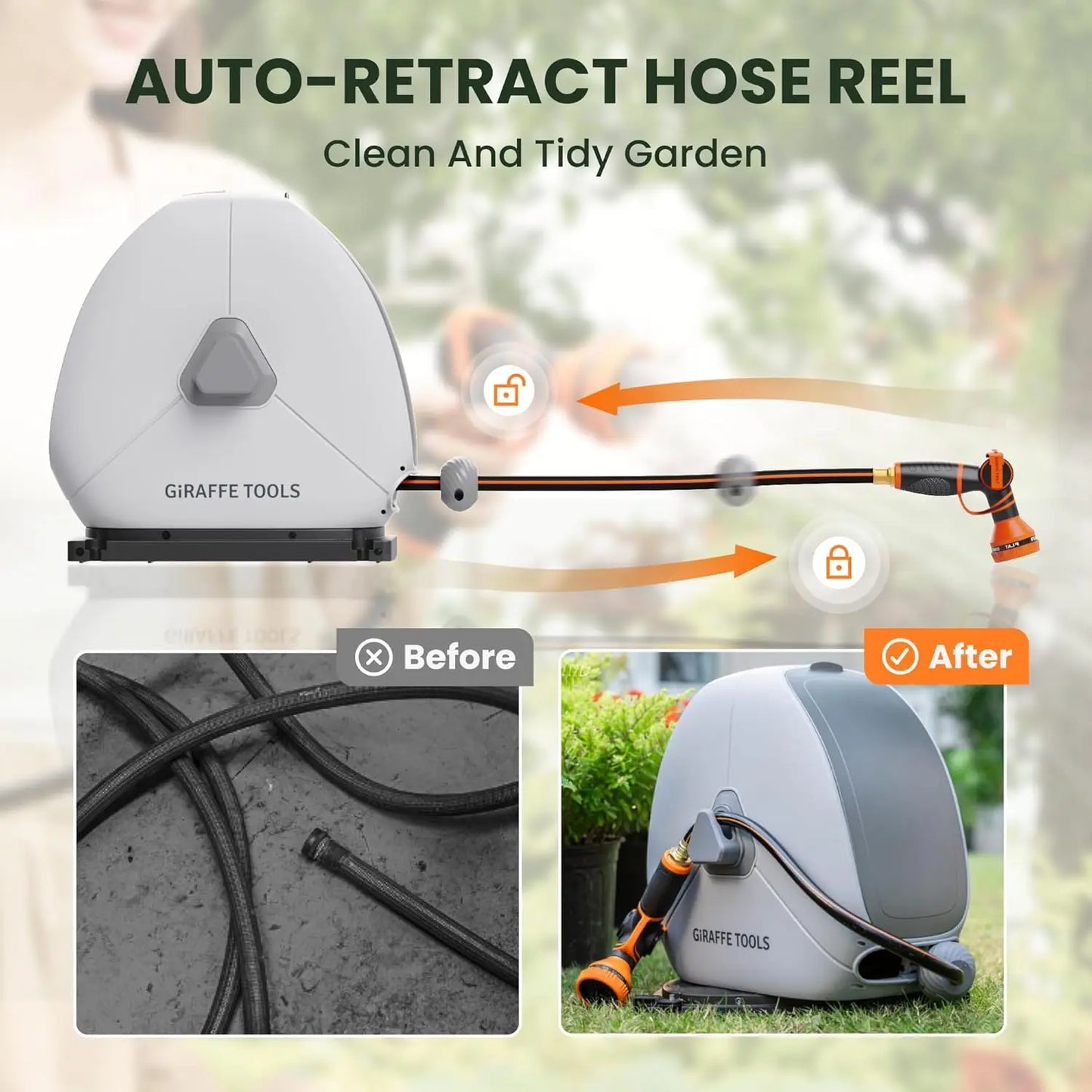 Giraffe Tools Retractable Hose Reel 1/2 Inch x 82FT,Heavy Duty Ground Mount Garden Hose Reel, Automatic Rewind, Any Length Lock