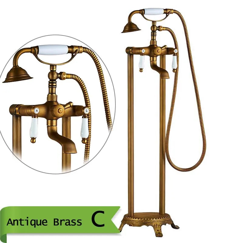 Antique Brass Floor Mounted Tub Sink Faucet Dual Handle Bathroom Bath Shower Set Freestanding Bathtub Mixer Tap with Handshower