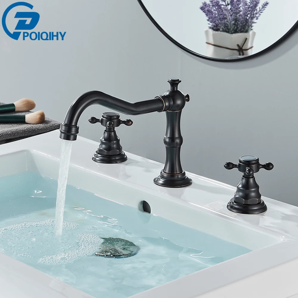 POIQIHY Antique Brass Bathtub Mixer Taps 3 pcs Basin Faucet Dual Handles Hot and Cold Tap Wall Mounted Basin Faucet