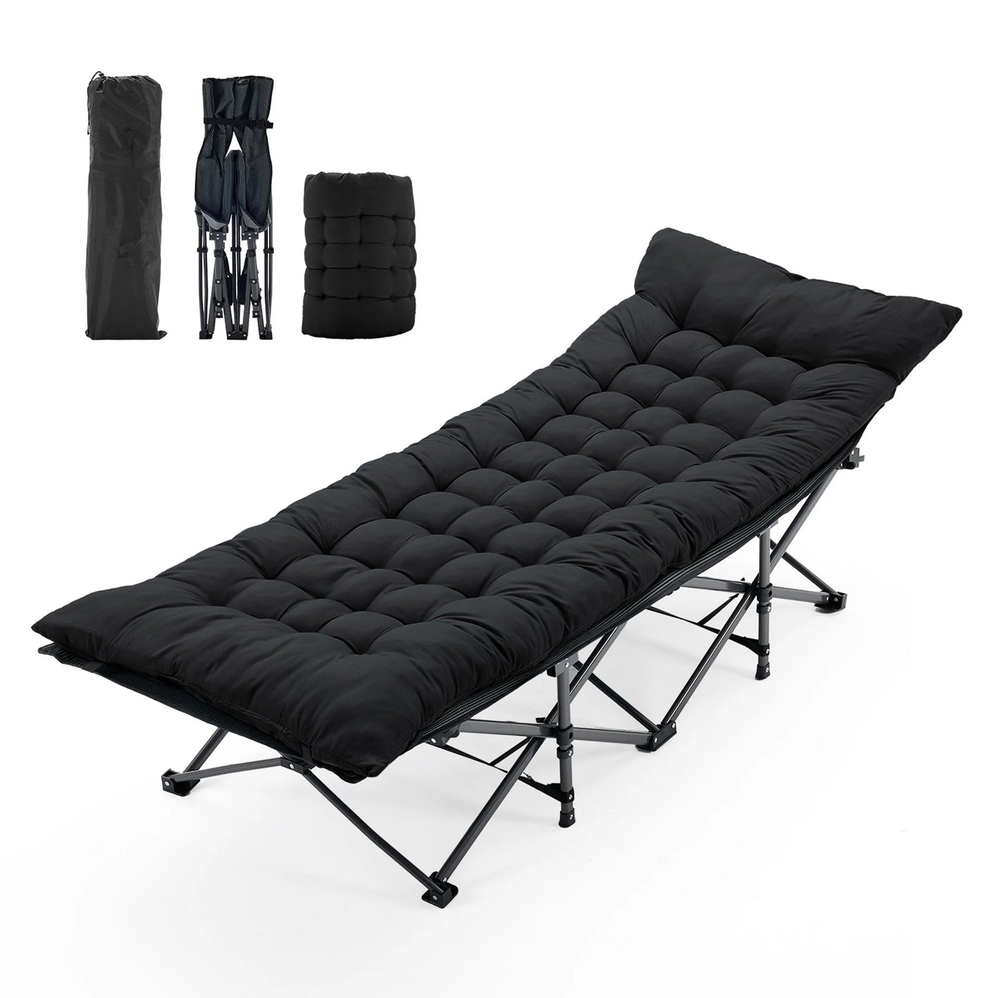 JHK Folding Camping Makeshift Bed Beach Lounge Chair Portable 3.5'' Cushion 440 lbs Sturdy Frame Compact Carry With Storage Bed for Outdoor Camping Hiking