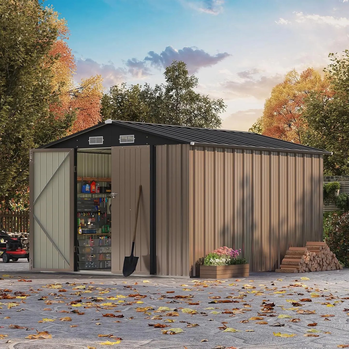 8x10FT Outdoor Storage Shed Metal Sloping Roof Double Lockable Door Backyard Garden Patio Lawn Tool Custom