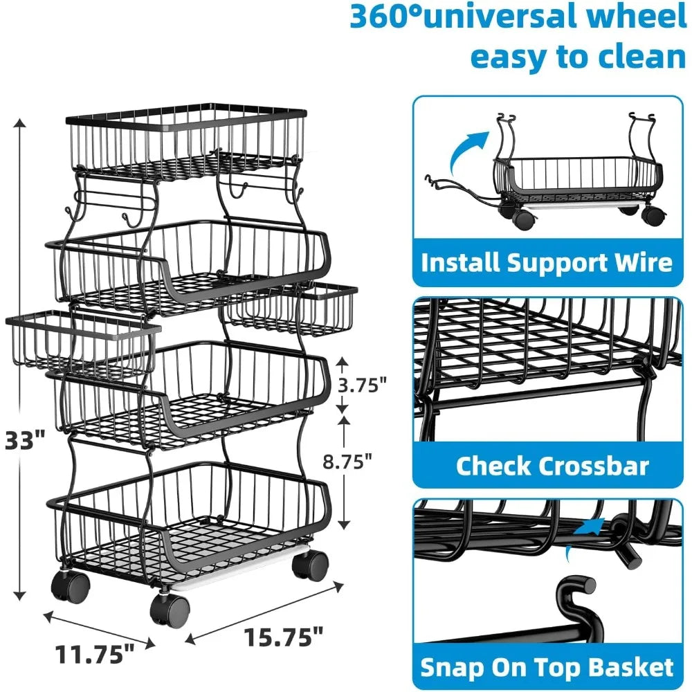 4 Tier Rolling Cart Storage Basket