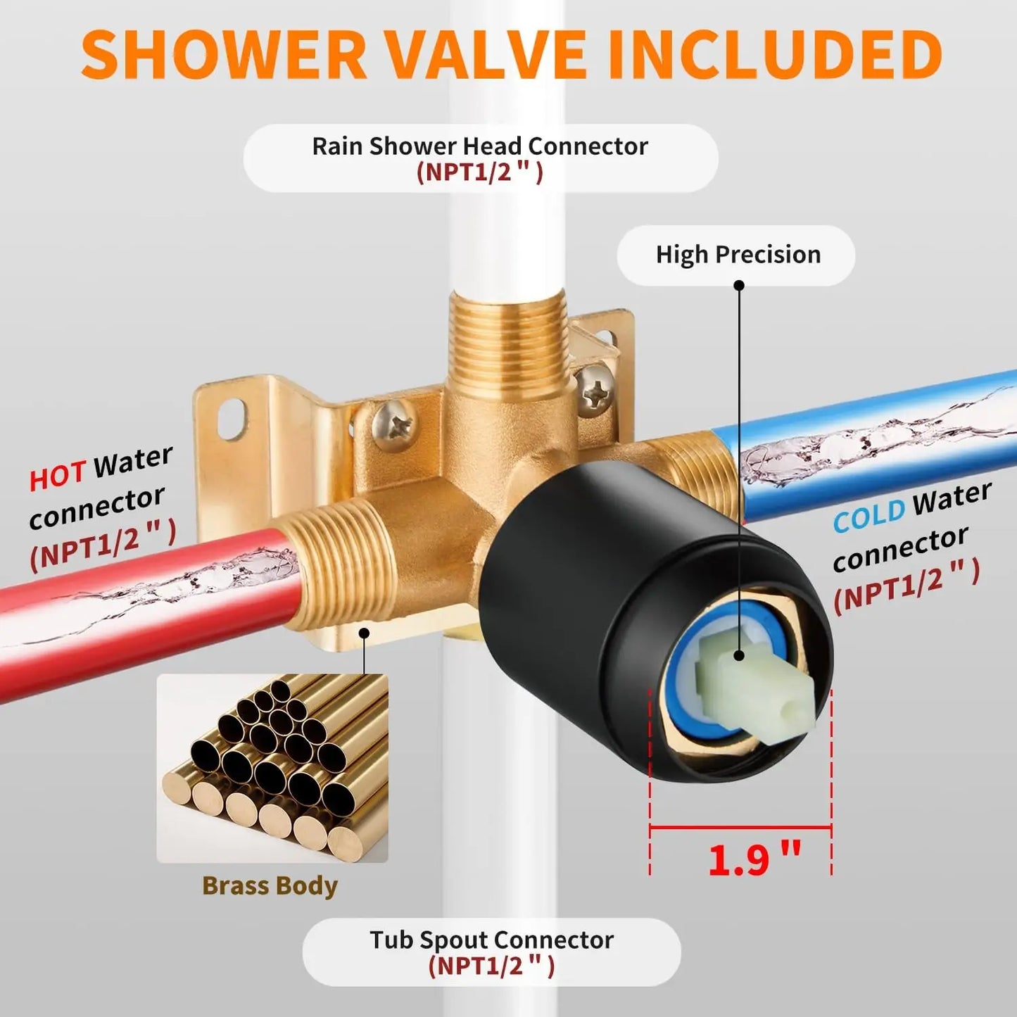 Matte Black Tub Shower Faucet Set with 8-Inch Rainfall Head, Spout, and Trim Kit