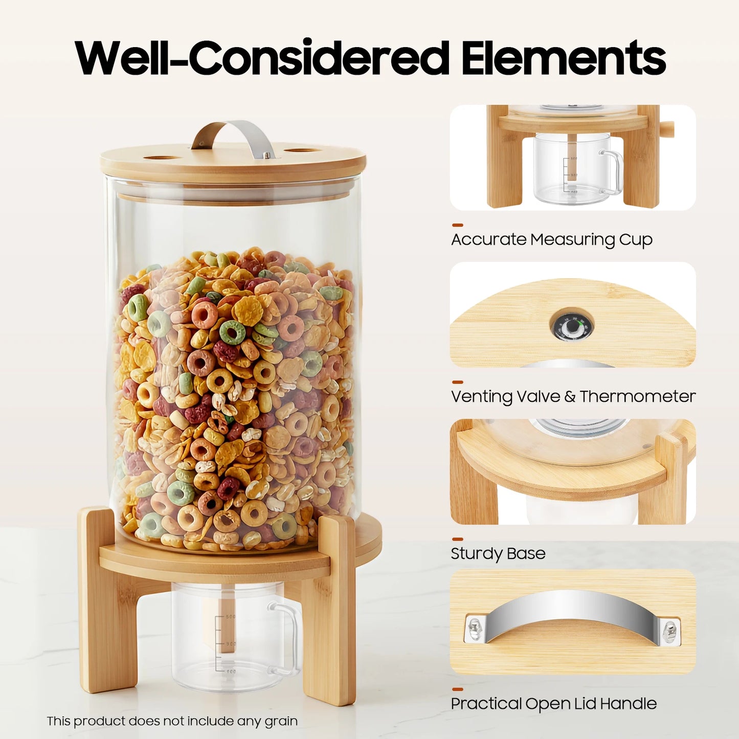 7.5L Cereal Dispenser Grain Storage Container with Valve and Cup Leak Proof Airtight Food Dispenser for Rice Pasta Nuts