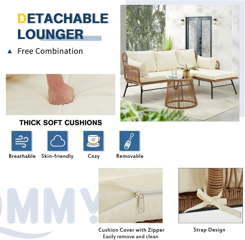 3-Piece L-Shaped Patio Furniture Set with Thick Cushions & Tempered Glass Table for Garden Balcony Porch, White
