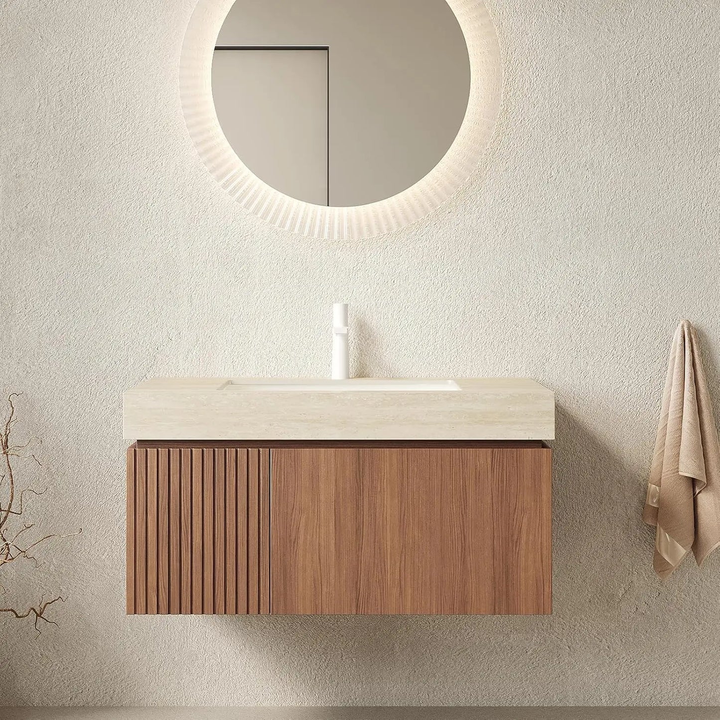 36in Wall Mounted Bathroom Vanity with Sink Ceramic Basin Travertine Countertop Storage Drawer Door Light Wood Customized