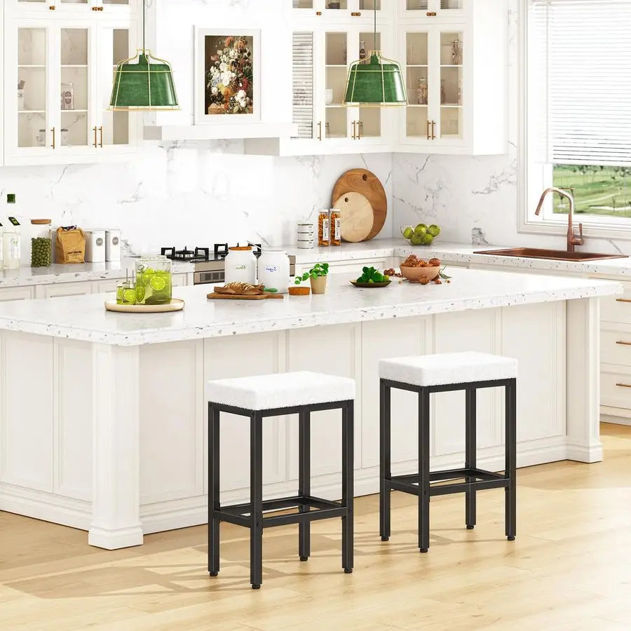 26 Inch Counter Height Bar Stools Set of 2, White Modern Kitchen Barstools with Metal Leg, Bar Stool Chairs for Kitchen Island C