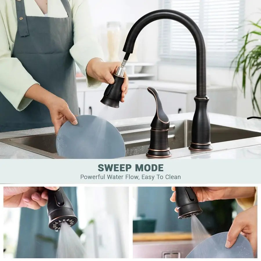 3 Hole Kitchen Faucet, Bronze Kitchen Sink Faucet with Pull Down Sprayer 3 Modes for 23 Hole Sink, Oil Rubbed Bronze Faucets wit