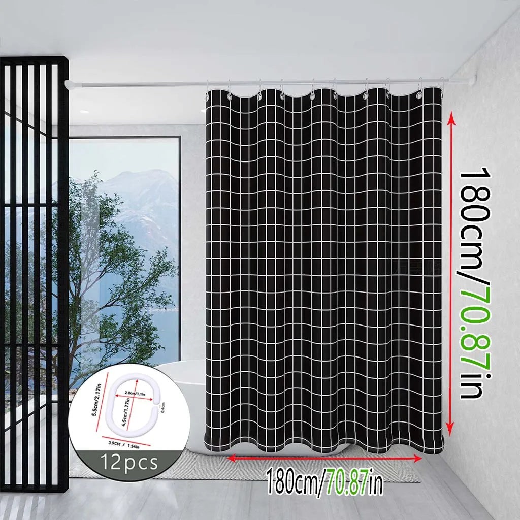 High - Quality Black Grid Design Polyester Shower Curtain, Perfect for Bathroom Decoration