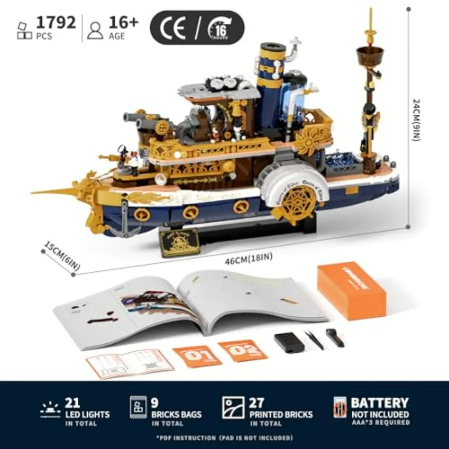Steampunk Steamship Lighting Building Bricks Set - 1792 Pcs Pirate Ship Destroyer Playset with Minifigures for Adults Teens Ste