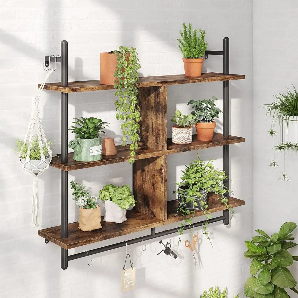 41.5" loating Shelves or Wall 3 Tier Kitchen Shelves Wall Mounted Coee Bar Shel Hanging Shel with 8 Hooks, Industrial Display Pi
