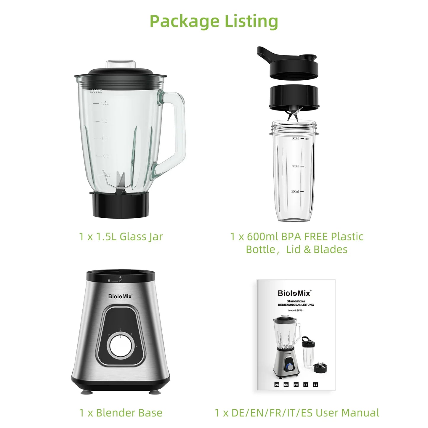 BioloMix 1300W Smoothie Maker with 1.5L Glass Jar Personal Blender for Frozen Fruit Drinks And Sauces