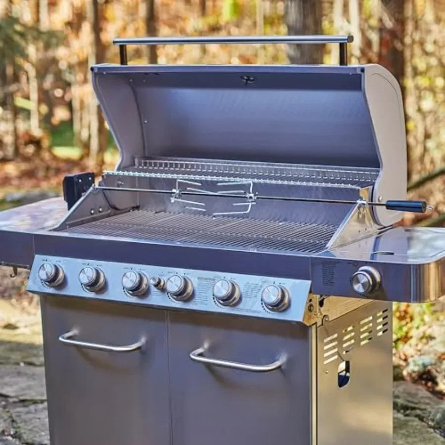 Propane gas grill for outdoor cooking, stainless steel cabinet style, silver, 6+1 burners with knob controls, side burner, buil