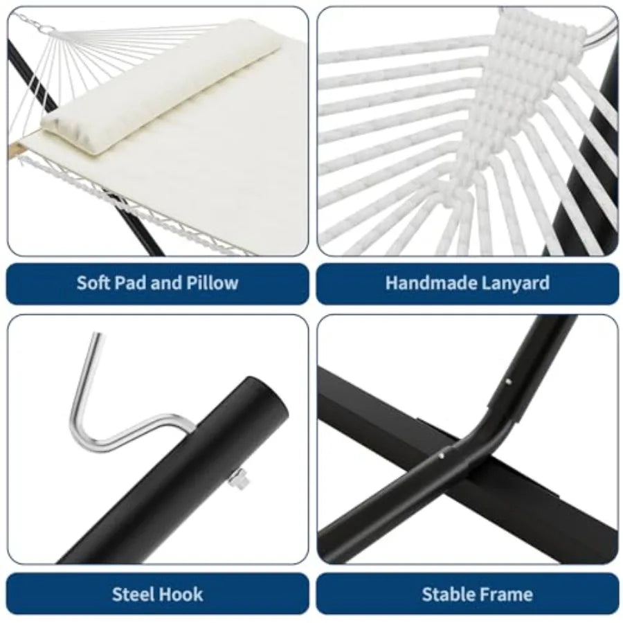 Double Hammock with Stand Heavy-Duty Rope Hammock for Outdoor and Indoor Use, Beige, 350 lbs Capacity, Includes Comfort Pad Pil