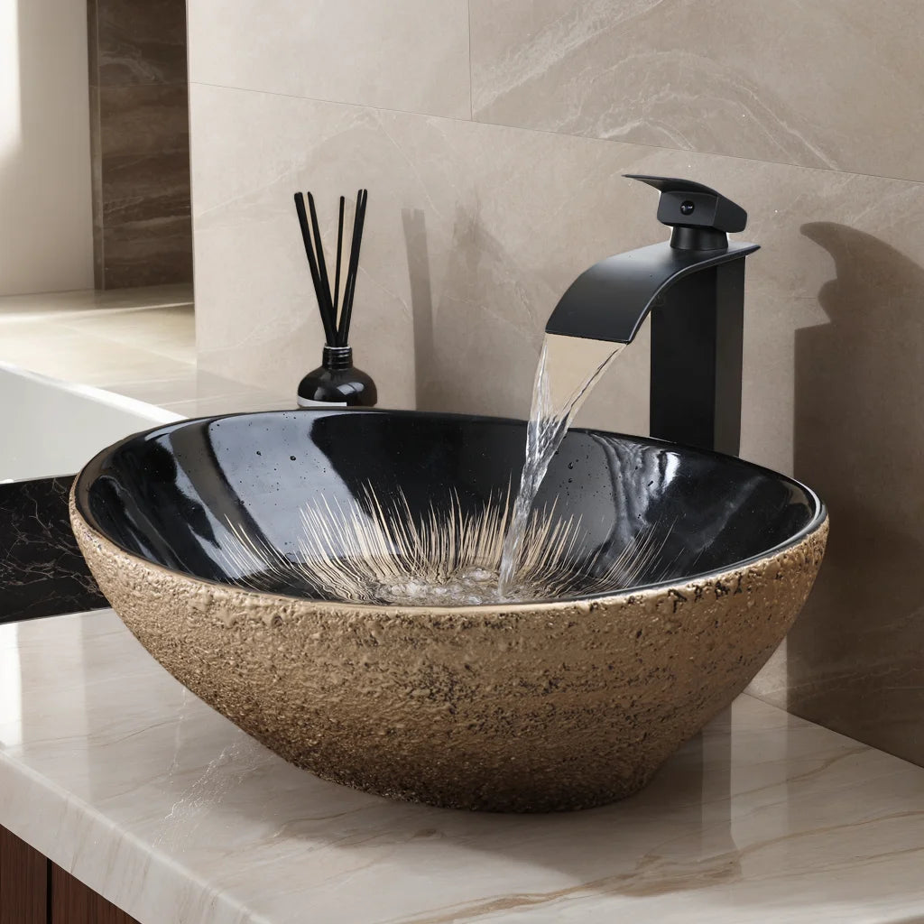 KEMAIDI Oval Vessel Sink with Faucet White Marbling Bathroom Vessel Sinks Above Counter Ceramic Vessel Sinks for Bathroom Mixer