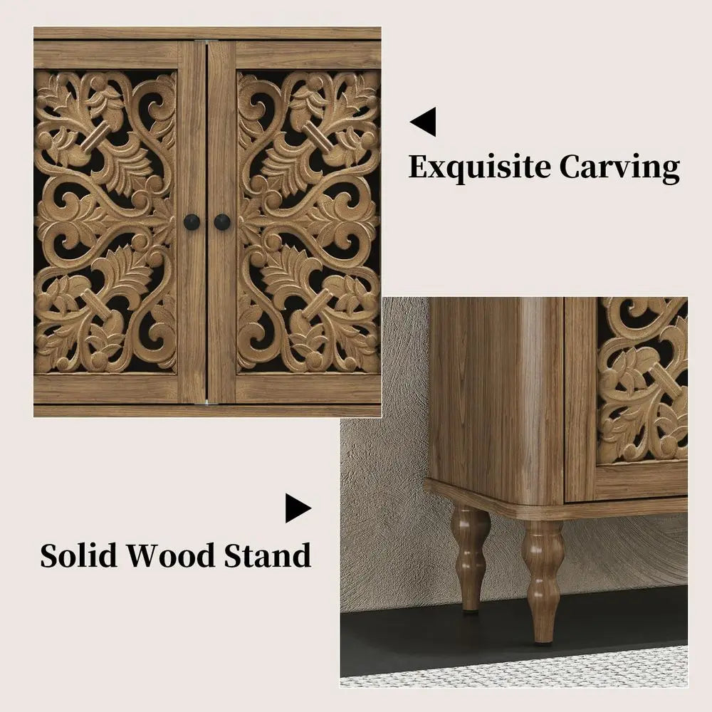 63 Retro Arc Carved Sideboard Buffet Cabinet, 4 Craft Doors Wooden Accent Credenza for Living Room, Dining Room, Entryway, Hall