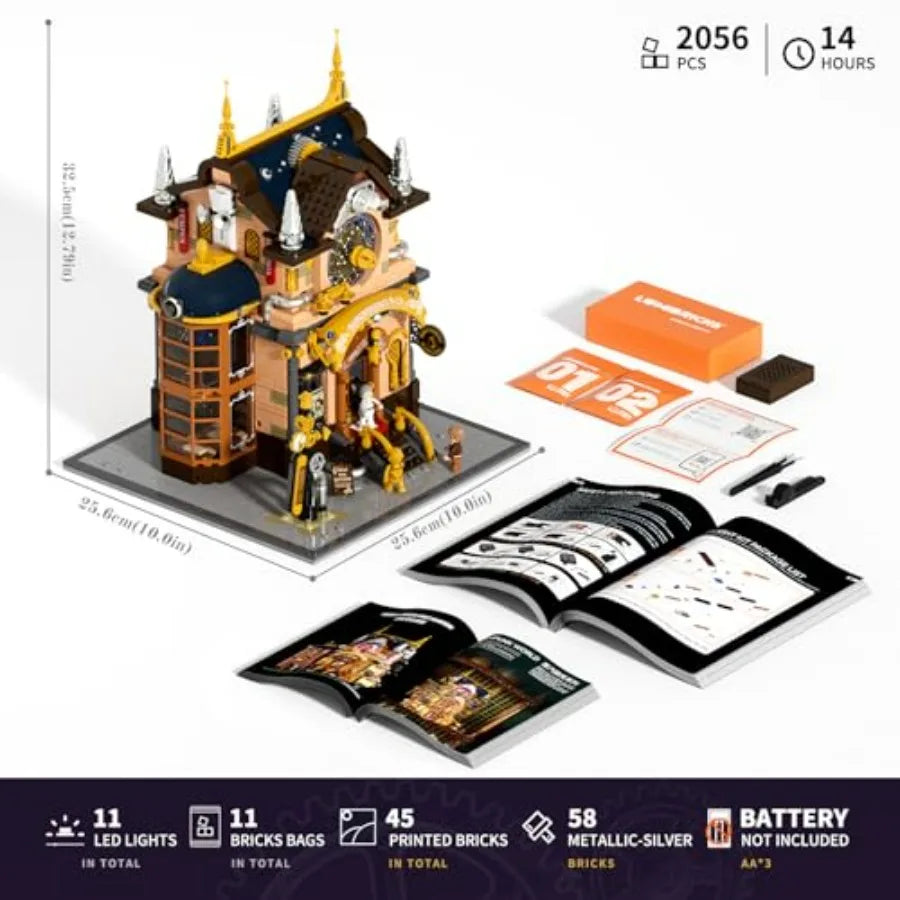Steampunk Memory Magic Shop Lighting Building Bricks Set 2056 Pcs Modular Display Kit for Adults and Steampunk Lovers in Bronze