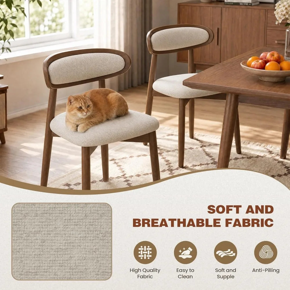 Upholstered Farmhouse Dining Chairs Set of 4, Modern Fabric with Ergonomic Backrest, Solid Wood Legs, Beige