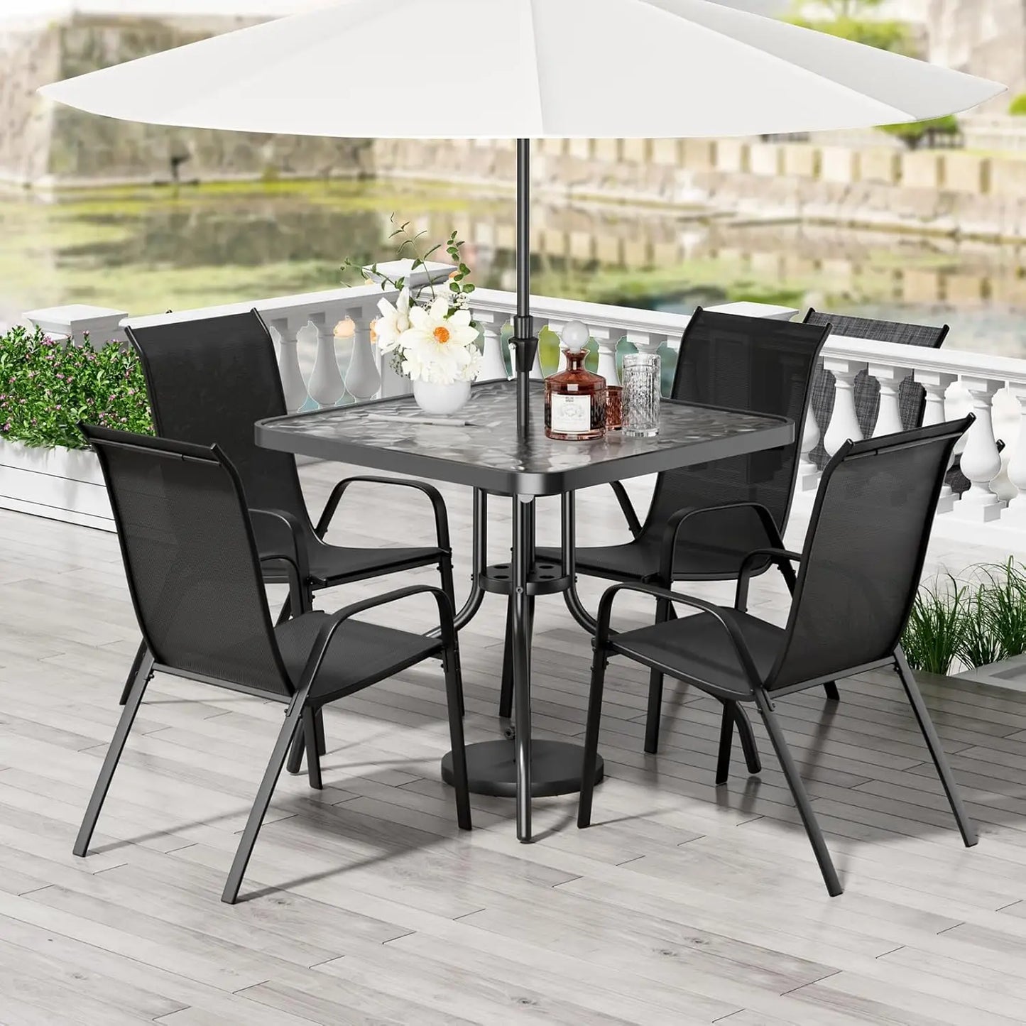 Patio Dining Set 5 Pieces, All Weather Outdoor Furniture W/30"X 30" Table and 4 Stackable Textilene Chairs, Metal, Customized