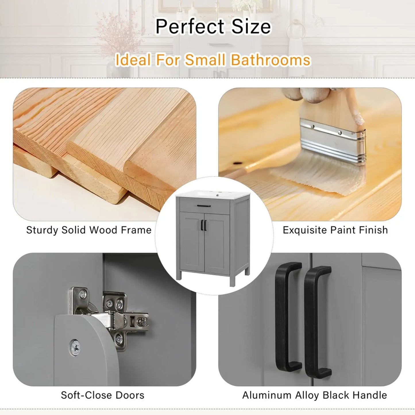 Grey Solid Wood Bathroom Vanities Ceramic Sink Combo Space Saving Doors Cabinet Set for Small Contemporary Bathrooms
