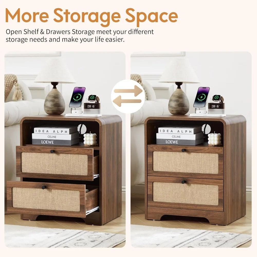 Set of 2 Night Stand with Charging Station, 19.7" Wooden Side Table Curved Nightstands with 2 Drawers & USB/Type-C, Customized
