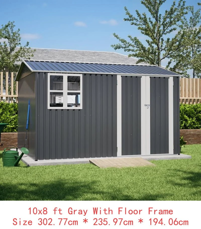 XL Heavy-Duty Steel Storage Shed 8x12 Ft with Window, Hinged Gray Doors & 4 Vents for Backyard, Garden, Patio, Durable &