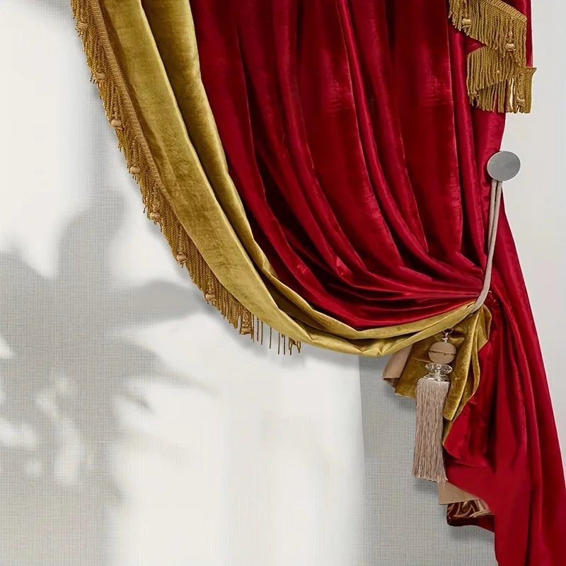 2pcs American style French luxury curtain villa bedroom living room flannel red finished product, without valance