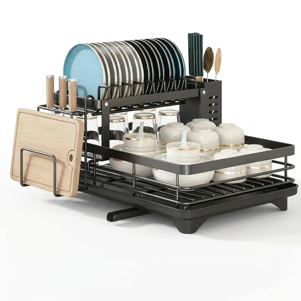 2-Tier Expandable Dish Drying Rack, Metal Kitchen Dish Rack and Drainboard Set with Knife Fork Holder & Cutting Board Organizer for Countertop