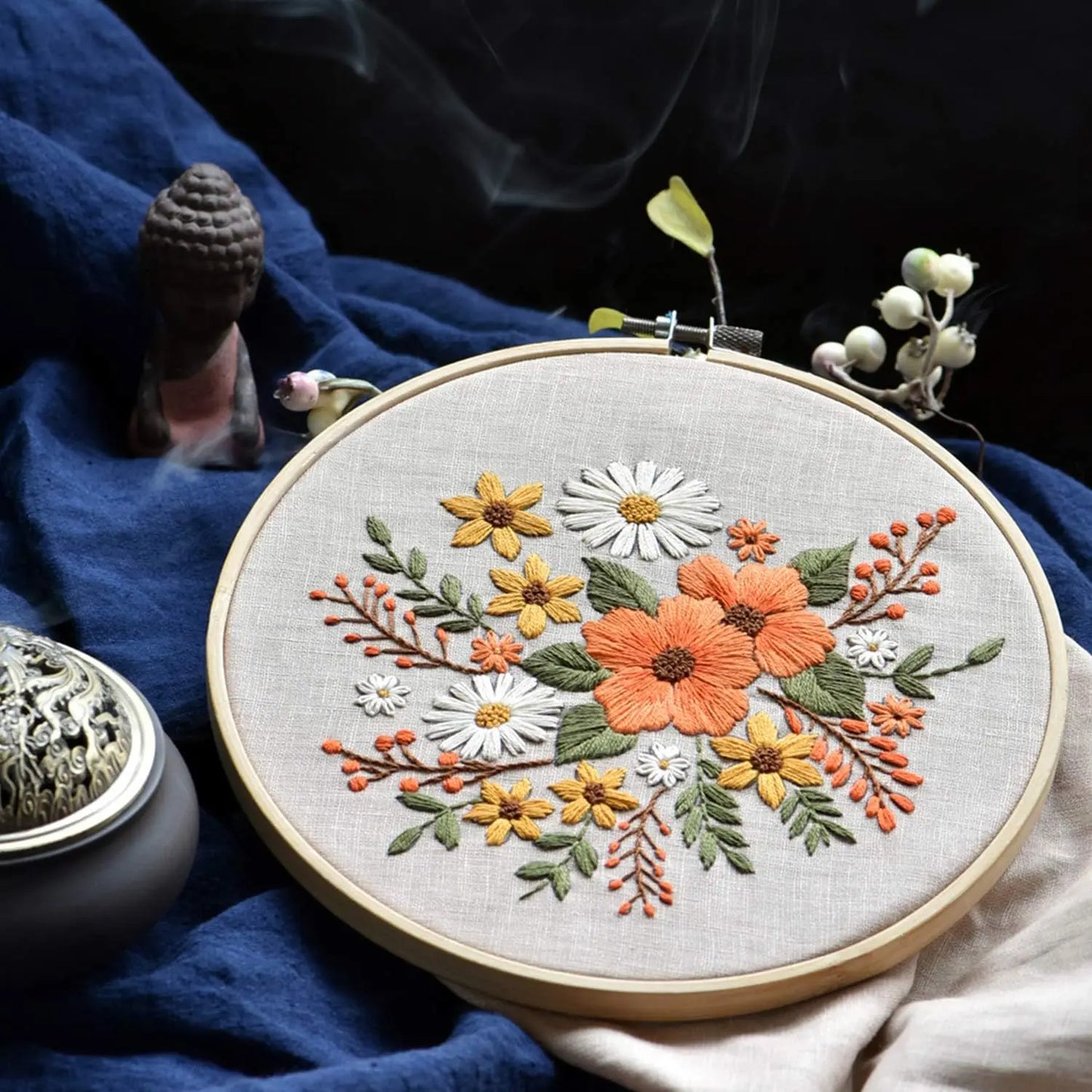 2 Sets Full Range Embroidery Starter Kit with Floral Pattern, Hoops, Scissors for Cross Stitch