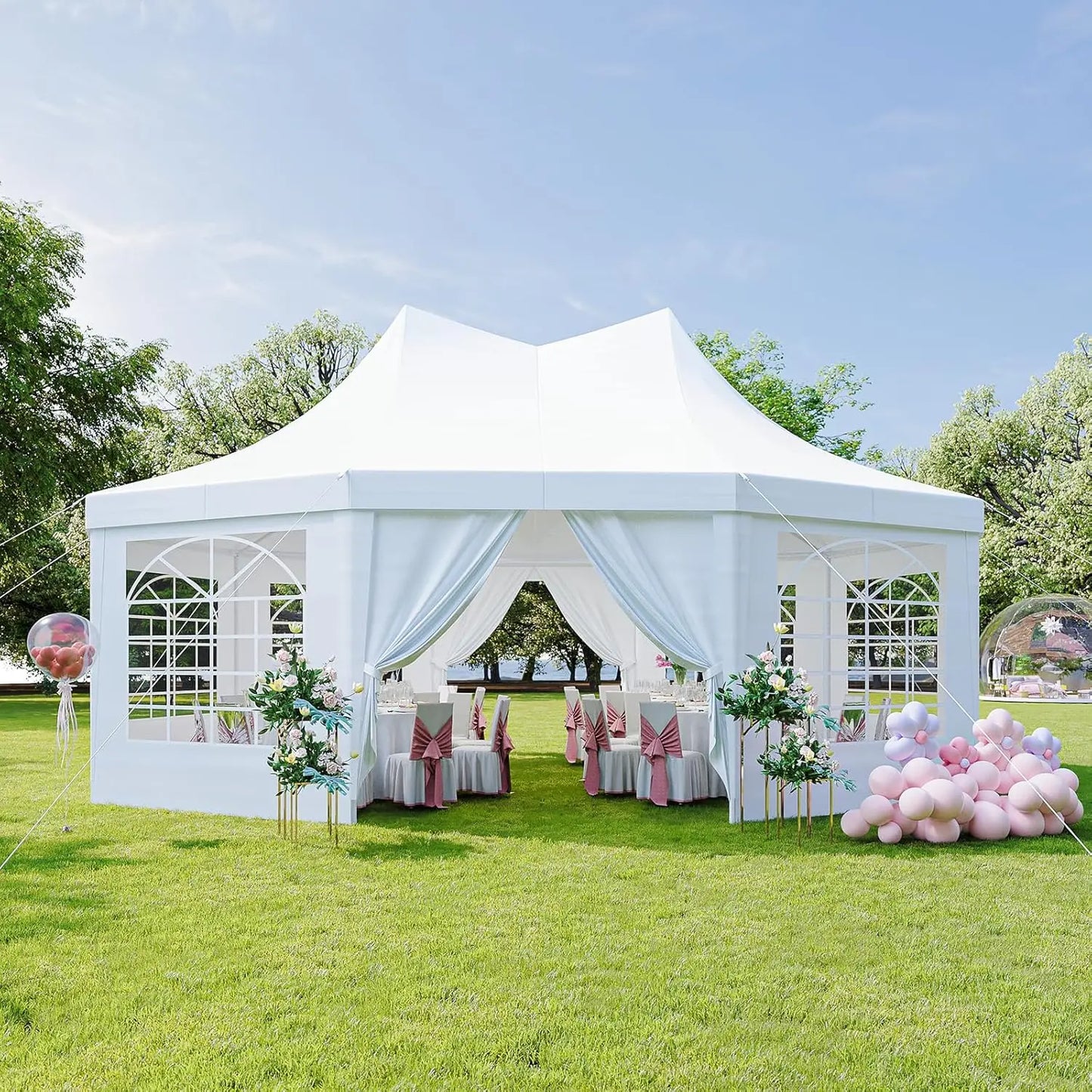 Aoxun 26x19ft Party Tent Canopy With 10 Hexagonal Heavy Duty Waterproof Event Awnings For Outdoor Weddings Business Terrace Parties Backyard Gatherings UV Protection