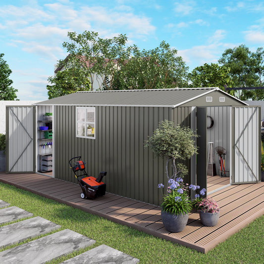 10x14ft Outdoor Metal Storage Shed, Durable Garden Shed with 3 Lockable Doors & Window, All-Weather, Grey