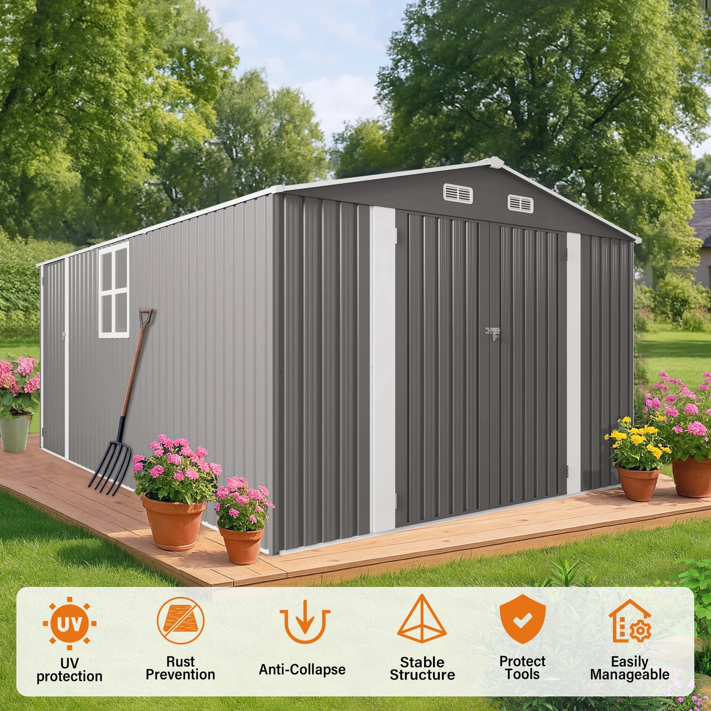 10x14ft Outdoor Metal Storage Shed, Durable Garden Shed with 3 Lockable Doors & Window, All-Weather, Grey