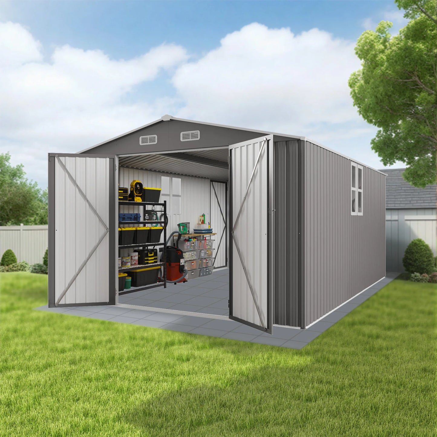 10x14ft Outdoor Metal Storage Shed, Durable Garden Shed with 3 Lockable Doors & Window, All-Weather, Grey