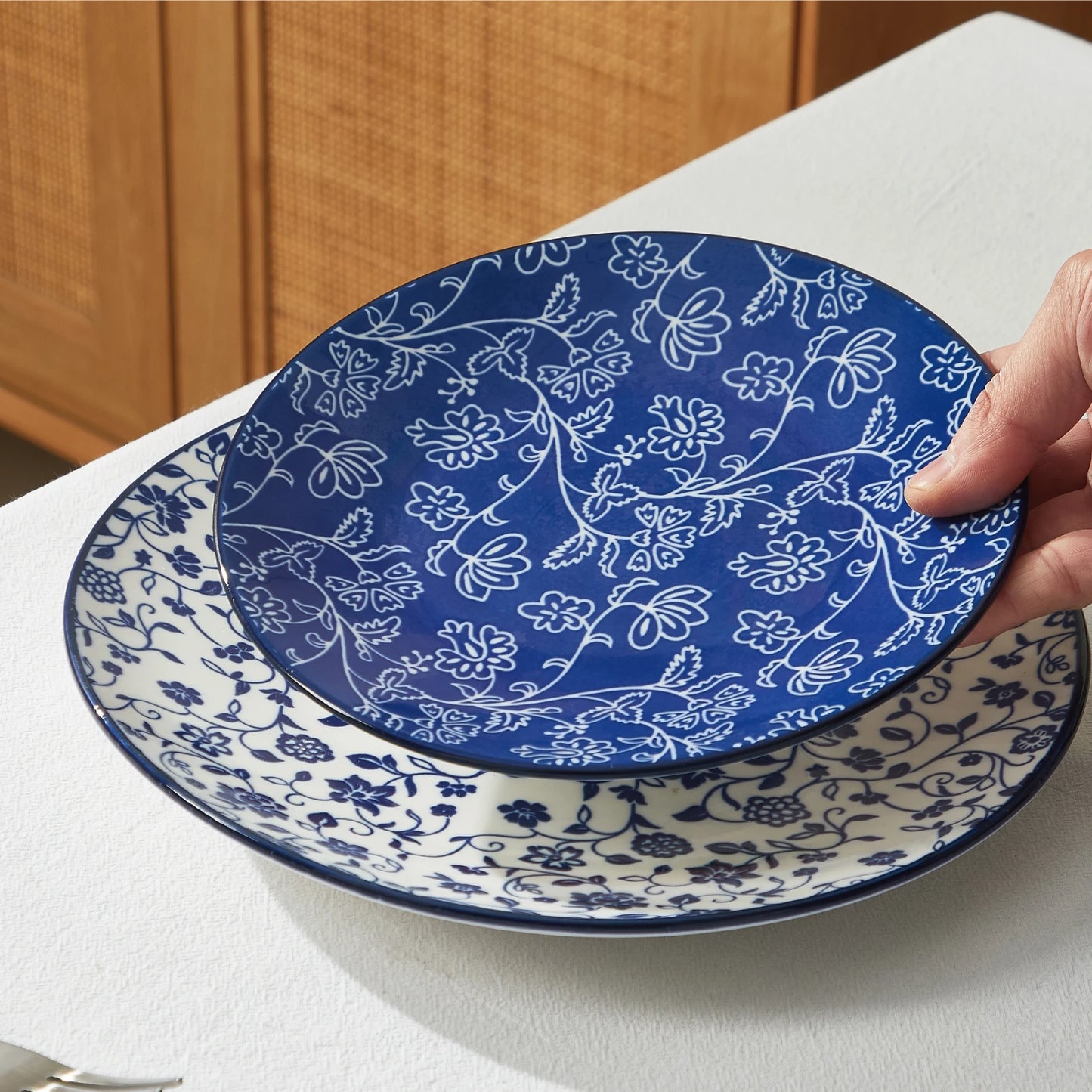 12pcs, Plates and Bowls, Dish Sets for 4 - Scratch Resistant, Dishwasher & Microwave Safe, Vintage Blue
