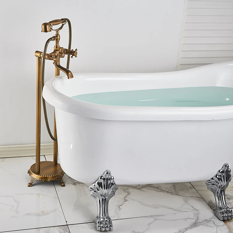 Antique Brass Floor Mounted Tub Sink Faucet Dual Handle Bathroom Bath Shower Set Freestanding Bathtub Mixer Tap with Handshower