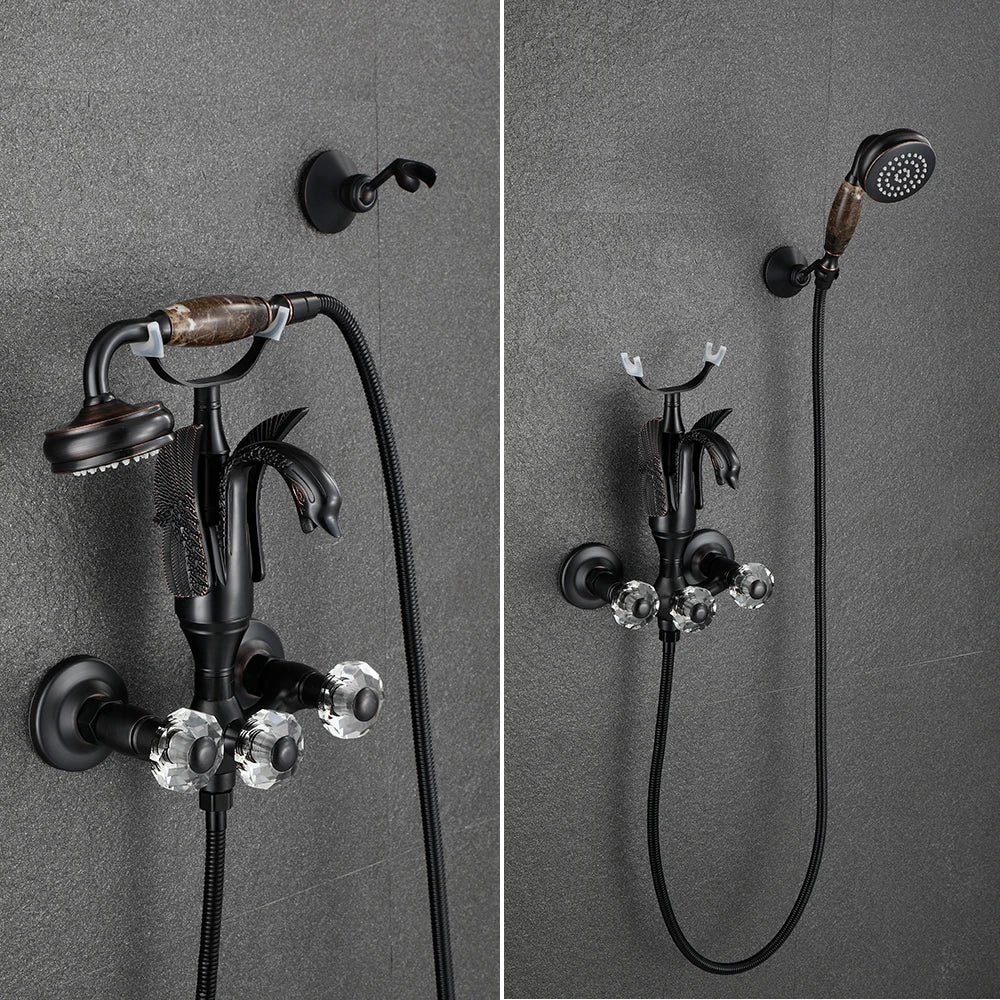 Golden Bath Shower Faucet Set Wall Mounted Swan Bathtub Faucet Bathroom Cold and Hot Bath and Shower Mixer Tap Brass Handshower