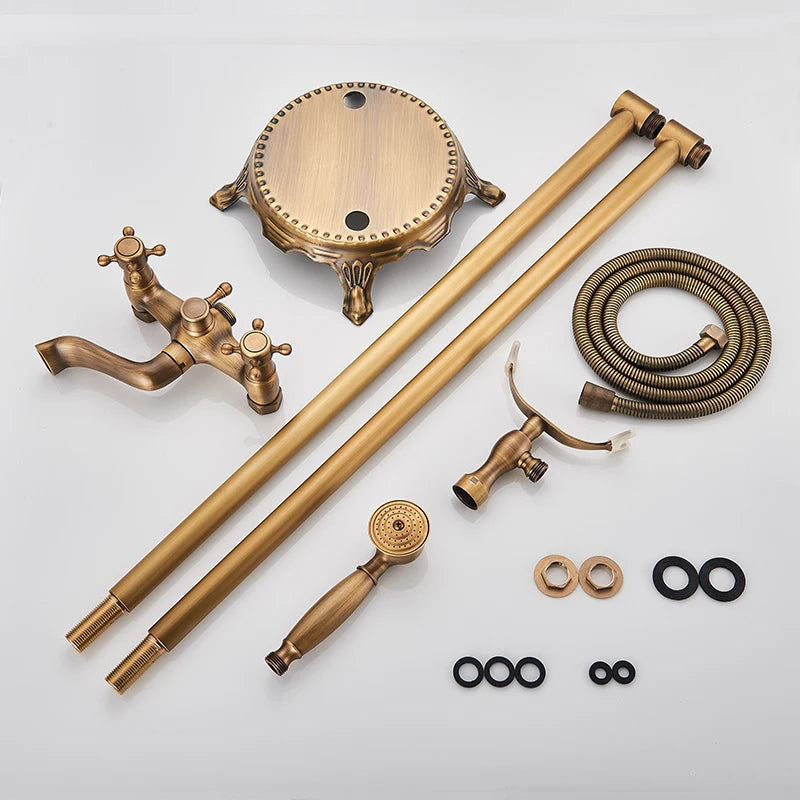 Antique Brass Floor Mounted Tub Sink Faucet Dual Handle Bathroom Bath Shower Set Freestanding Bathtub Mixer Tap with Handshower