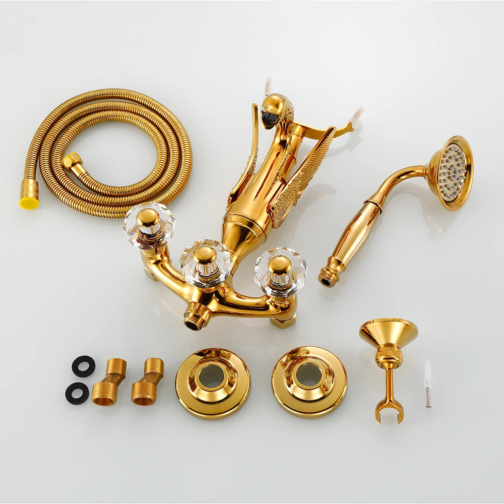 Golden Bath Shower Faucet Set Wall Mounted Swan Bathtub Faucet Bathroom Cold and Hot Bath and Shower Mixer Tap Brass Handshower