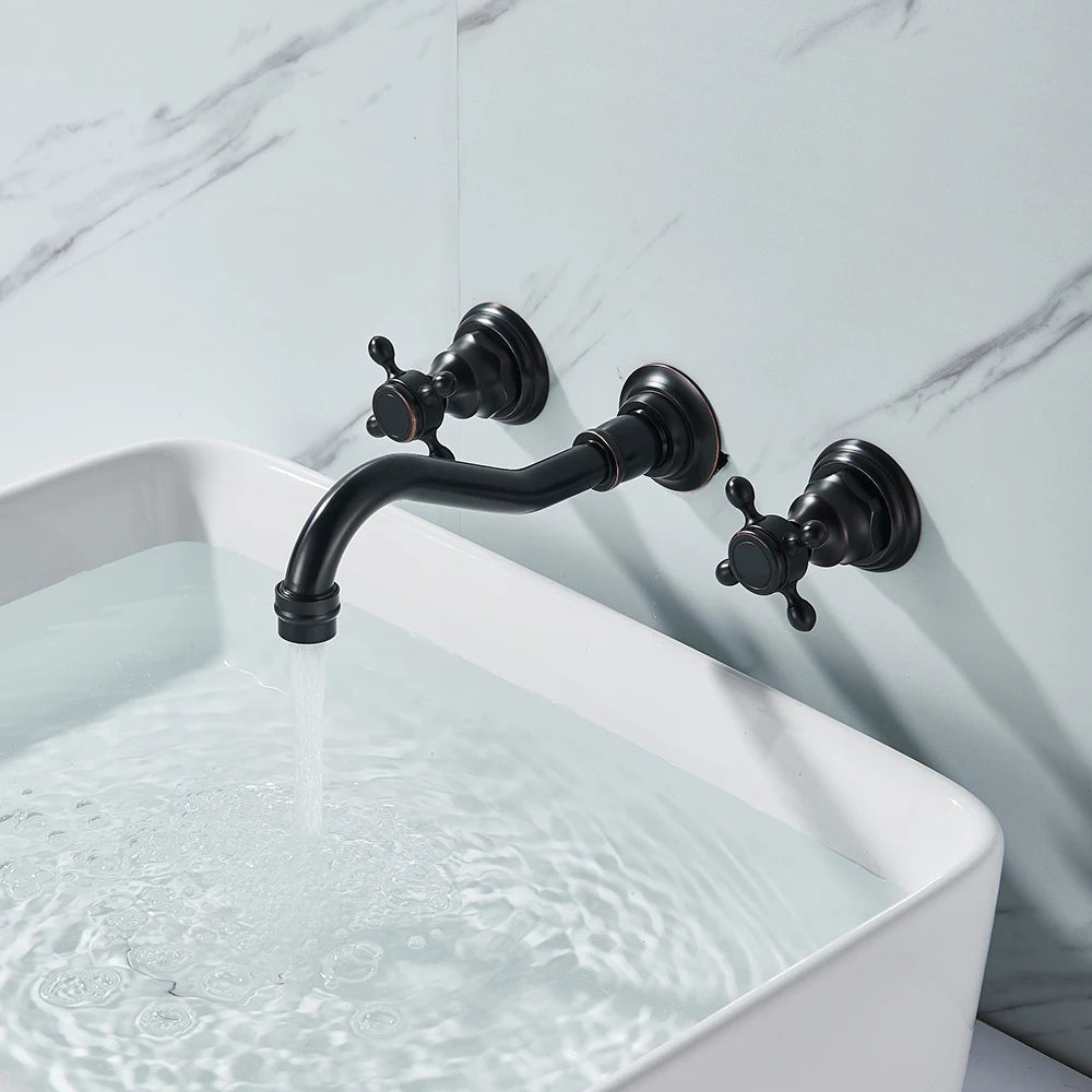 POIQIHY Antique Brass Bathtub Mixer Taps 3 pcs Basin Faucet Dual Handles Hot and Cold Tap Wall Mounted Basin Faucet