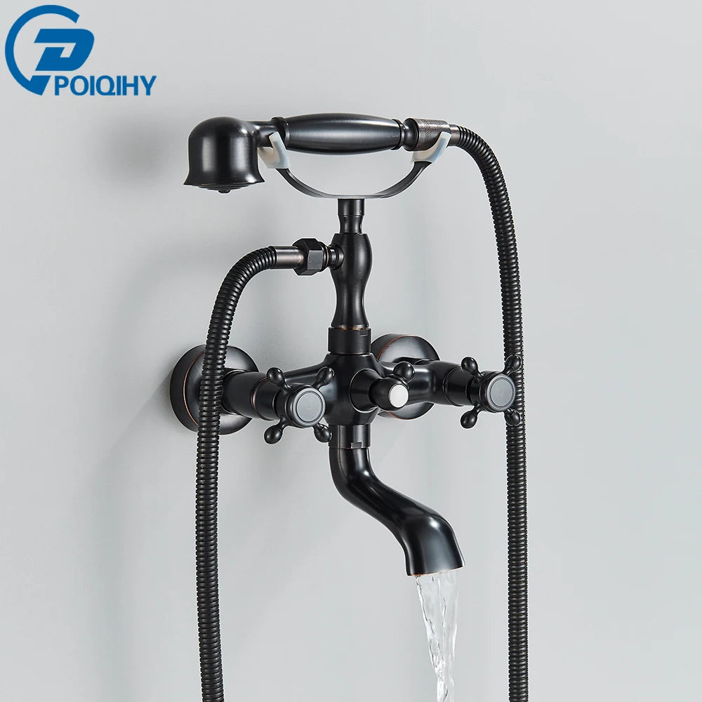 Golden Bath Shower Faucet Set Wall Mounted Swan Bathtub Faucet Bathroom Cold and Hot Bath and Shower Mixer Tap Brass Handshower