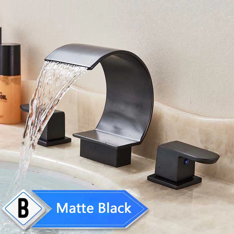 Bright Golden Waterfall Basin Faucet Dual Cristal Handle Widespread Bathroom Sink Mixer Tap Deck Mounted Bathtub Mixers Crane