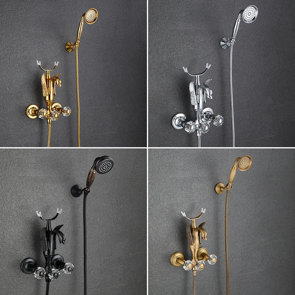 Golden Bath Shower Faucet Set Wall Mounted Swan Bathtub Faucet Bathroom Cold and Hot Bath and Shower Mixer Tap Brass Handshower