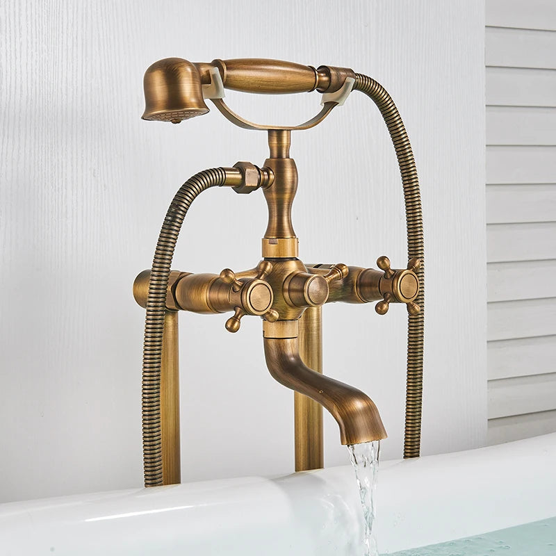 Antique Brass Floor Mounted Tub Sink Faucet Dual Handle Bathroom Bath Shower Set Freestanding Bathtub Mixer Tap with Handshower