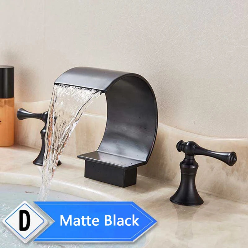 Bright Golden Waterfall Basin Faucet Dual Cristal Handle Widespread Bathroom Sink Mixer Tap Deck Mounted Bathtub Mixers Crane