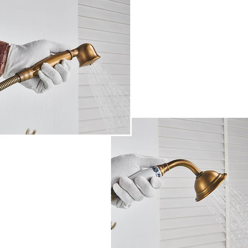 Antique Brass Floor Mounted Tub Sink Faucet Dual Handle Bathroom Bath Shower Set Freestanding Bathtub Mixer Tap with Handshower