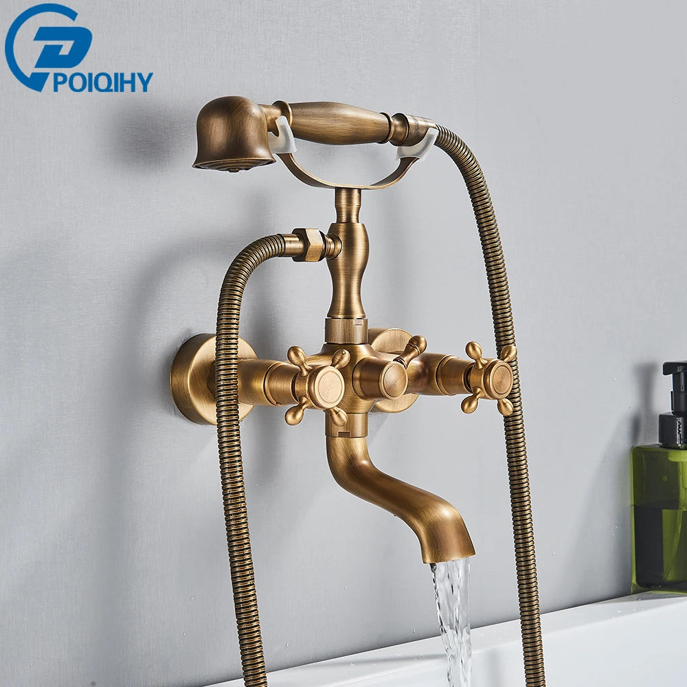 Golden Bath Shower Faucet Set Wall Mounted Swan Bathtub Faucet Bathroom Cold and Hot Bath and Shower Mixer Tap Brass Handshower