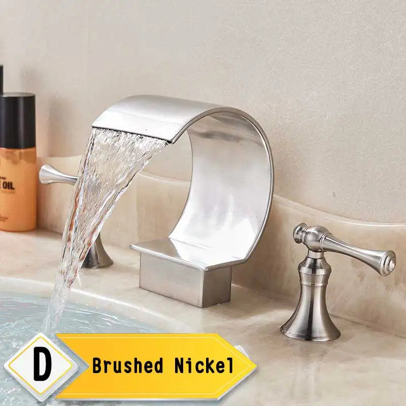 Bright Golden Waterfall Basin Faucet Dual Cristal Handle Widespread Bathroom Sink Mixer Tap Deck Mounted Bathtub Mixers Crane