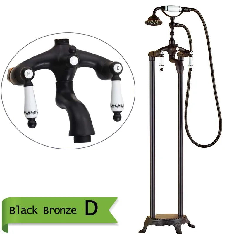 Antique Brass Floor Mounted Tub Sink Faucet Dual Handle Bathroom Bath Shower Set Freestanding Bathtub Mixer Tap with Handshower